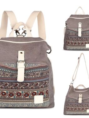Boho Pattern Canvas Backpack - Gray